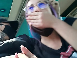 Blowjob and fucking with creampie in public service bus