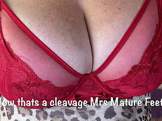Mature British MILF with Big Natural Tits and Stockings Strips in Red Dress for Friend - Homemade HD Footing