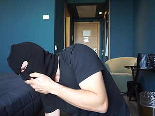 Blonde in Lingerie Dominates Masked Man with Heels