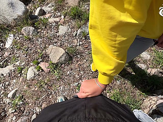 Russian tourists - sucking cock and swallowing cum outdoors during a hike.