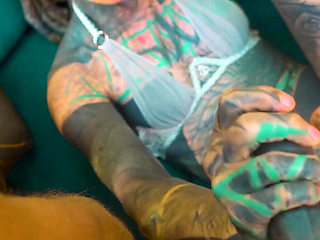 Heavy Tattooed Pornstars in Gangbang with 8 Big Cocks