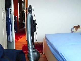 Vacuum Cleaning in Blue Fine Pantyhose