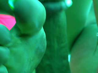 4K Tanning Studio Footjob From Hot Blonde MILF with Long Neon Green Toenails & Cum on Toes