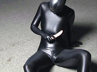 Female masturbation with dildo in black spandex zentai full