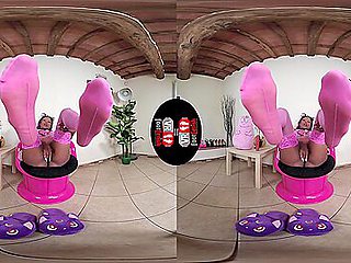 Hot Brunette Janelle Plays With Dildo Dressed In Pink Stockings With Kawaii Slippers; Ebony Babe in Kitty Cosplay Foot Fetish VR