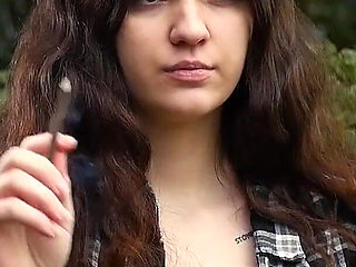 Sweet and Busty Russian Babe Smoking Cigarette in Nature