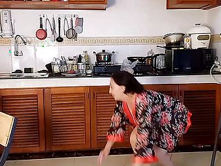 Housewife in pantyhose in the kitchen. Naked maid gets an orgasm while cooking. 3