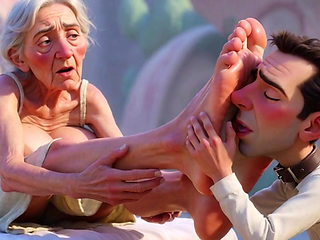 Giantess Old Granny Foot Slave Worship - Tiny Man Licking Her Giant Feet
