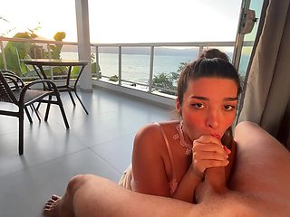 Brazilian Girl In Hot Brunette Sucks Dick At Sunset On A Balcony