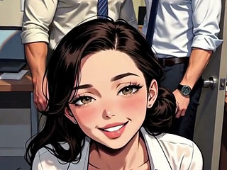 Lonely office slut frees locked-in coworker then gets her holes destroyed by three hard cocks on the conference table.