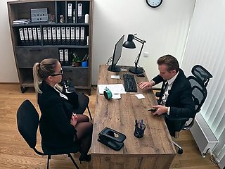 Blonde in stockings gets fucked by a loan-giving stud