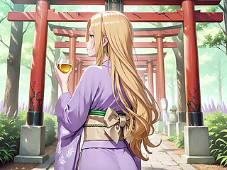 Blonde in Lavender! Kneeling barefoot under the red Torii gate, her andouf fluttering in the breeze.