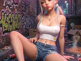Blonde in public alley, masturbates on the floor with braces and white top