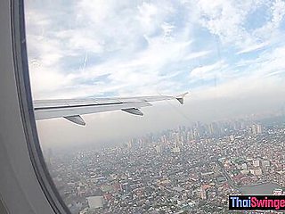 Thai teen girlfriend on an airplane and on boyfriends big cock in the hotel