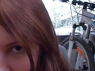 A beautiful brunette teen from Germany gets her pussy banged in the car