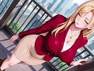 Red Suit Blonde; From Supermarket Stroll to Lazy Orgasm, She Even Puts Her Legs up on the Desk?