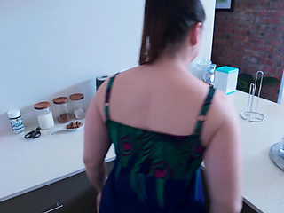 POV Stepmom Sucks and Fucks Stepson in the Kitchen to Creampie