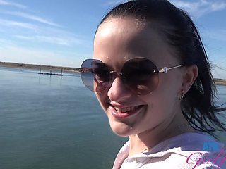 Beautiful brunette Imani Valor and her man have sex in public place.