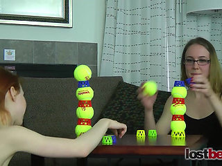 Two Lesbians in an Intimate Strip Ball Stacks Challenge