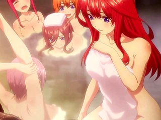 Five arousing naked anime girls are in sauna having lovely time together