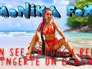 Hot Monika Fox in See-through Red Lingerie on Beach