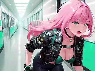 Rosy-Haired Leather Tech! Intimate vibrates in a neon-lit cyber corridor.