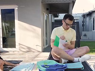 Stepmother is going to help this dweeb relax and orgasm