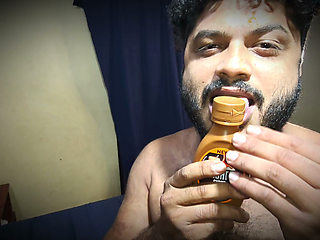 Licking sexual game play by Jackson with chocolate syrup over boobs