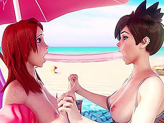 Anime Lesbians Sucking A Double-sided Dildo On The Beach