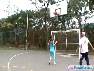 Busty cute petite teen plays on the court