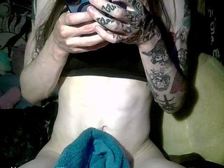 Tattooed Trans Girl Strokes Her Big Cock to Completion