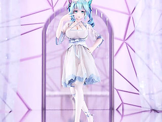 [mmd] Miku-queencard Elegant White Silk Dress Striptease with Big Breasts