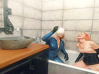 Bath Relax In Latex Rubber With Milk Romantic Funny Fetish Video