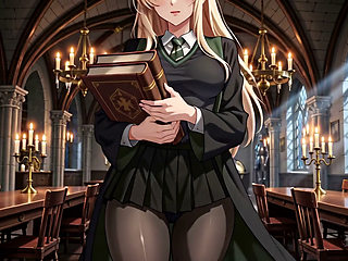 Draconia Malfoid has an affair in the library of her magic school.