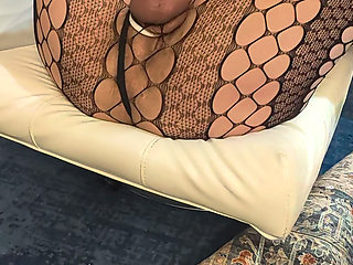 Stroking my cock in fishnets and heels