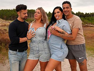 Bad Bunny and Gaby Hofstede in pink bikinis start an outdoor orgy on a forest beach