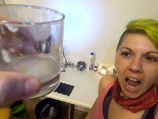 She drinks 11 loads of collected cum from a glass