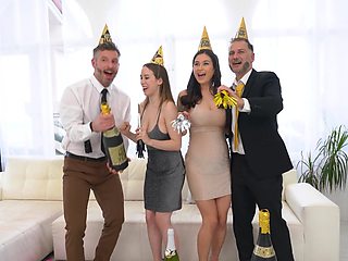 Juicy babes feast on Mike's meat in a wild gangbang, slurping and pounding until they climax hard