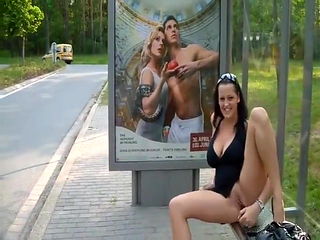 dildo fuck her pussy at bus stop