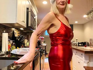 Danielle Dubonnet 65 year old MILF cooks in tight red dress and heels