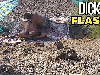 Exhibitionist Wife Outdoor Amateur MILF Blowjob & Handjob Big Cock on Nudity Beach in Front of Follower with Cum