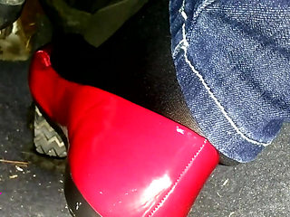 Pedal Pumping and Relaxing My Hosed Feet in Red Pattent Flats