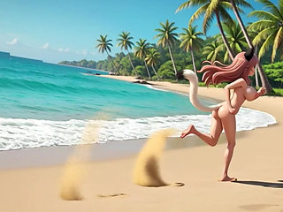 Two gorgeous voluptuous neko girls relaxing completely nude together on sunny tropical beach paradise