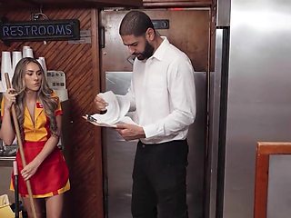 Waitress in a slutty uniform uses toys and random cocks