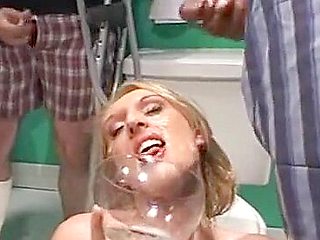 Long legged blondie gets her face drenched in cum