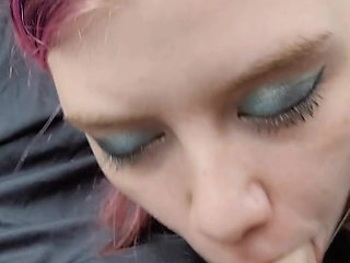 Giving a hot purple haired teen an oral creampie in the car!