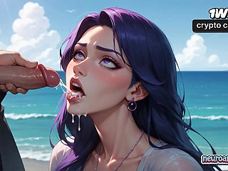 A muscled guy and a purple-haired sweetie in a black bathing suit ravage on an ocean wave - xxx XXX porn!