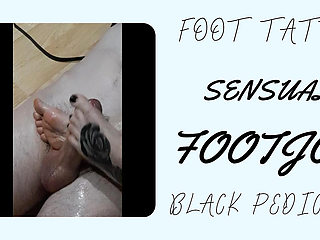 Lady Angela Slow Footjob Close up Foot Tattoo Black Pedicure