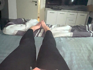 Close-up foot fetish wet tight wet pussy gets satisfied with golden vibrator to intense climax trembling twitching moaning horny