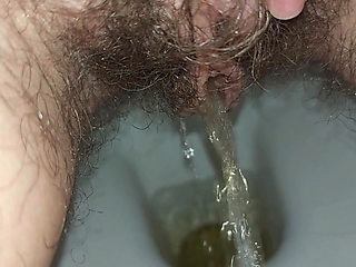 the longest trip to the bathroom, a very long piss, a hairy pussy peeing